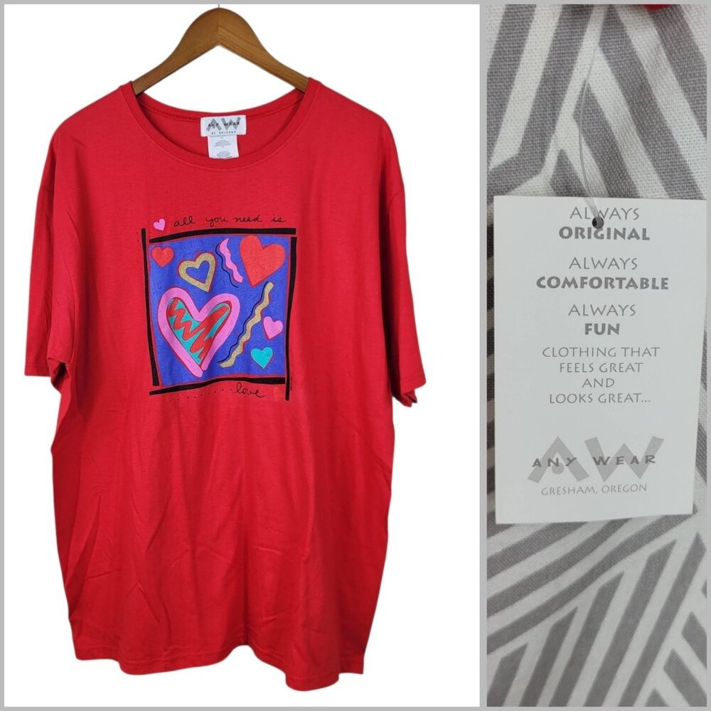 Vintage New 90s Y2K T-Shirt Top Size XL Heart Flower Red All You Need Is Love
